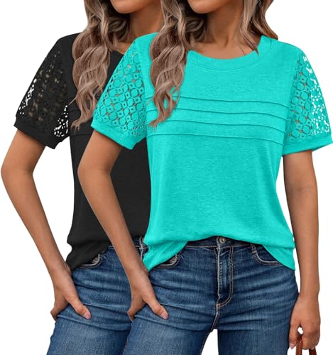 2PCS Womens Tops Summer Loose Casual Crewneck Lace Sleeve T Shirts Fashion Beach Vacation Clothes Cute Blouse 2025