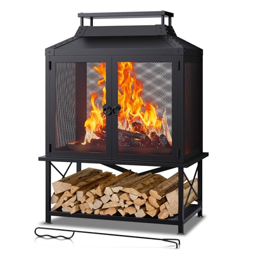 VELUVIA Metal Outdoor Fireplace for Patio - 39' H Square Chiminea Fire Pits Outside Wood Burning with...