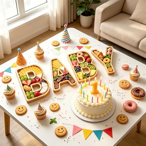 Image of 4PCS Baby Charcuterie Board Letters-(with 14 Balloons) Fillable Letter Food Serving Tray for Party Desserts Container Fruit Platter,Reusable for Baby Shower Gender Reveal Birthday Party Decor