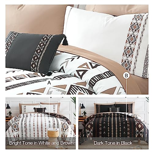 Geniospin Oversized Queen Comforter Set - 7 Pieces Reversible Bedding Set, Boho Bed in A Bag, Lightweight Soft Aztec Bedding, All Season Bed Comforter Set with Sheets, Pillowcases & Shams