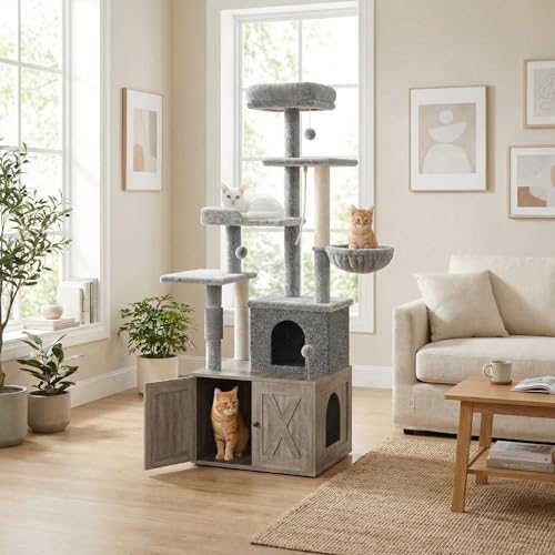Árbol para gatos 2-en-1 con caja de arena oculta gris miniatura 1