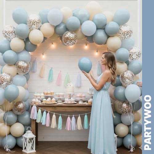 Image of PartyWoo Dusty Blue Balloons 66pcs 12 Inch Light Baby Slate Blue Off White Sand Metallic Gold Boho Confetti Balloons for Graduation Boy Baby Shower Gender Reveal Birthday Wedding Party Decorations