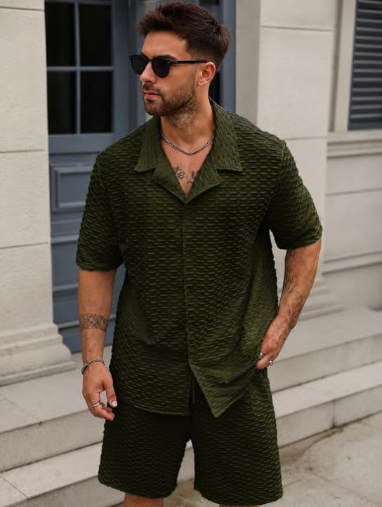 Image of Zilcon Men's Textured Co-Ord Set | Half Sleeve Cuban Collar Shirt & Shorts | Casual Summer Lounge Wear | Premium Matching Outfit