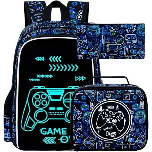 ZLYERT 17 Inch Glow in The Dark Backpack, 3Pcs Gamer Bookbag for Boys With Lunch Box, School Laptop Backpacks Set For Teens(Blue)