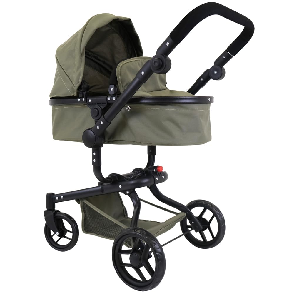 Bandits & Angels Puppenwagen Grün Modern Angel 2in1 Retro Grün ab 3 Jahren – Puppenbuggy – Für Mädchen – Verstellbarer Schieber 48-81 cm – Komplett zusammenklappbar – Mit Einkaufskorb