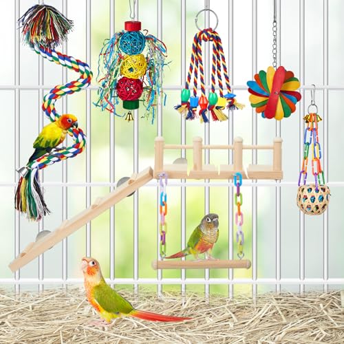 Image of 6 Pcs Parakeet Cockatiel Bird Toys, Parrot Swing Chewing Hanging Toys, Colorful Style Parrots Cage Accessories, Interactive Chew & Climb Play Set (Interactive Style)