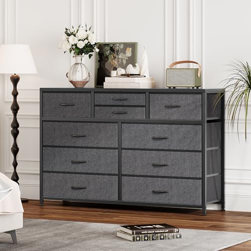 GAOMON 10 Drawers Fabric Dressers for Bedroom, Modern Chest of Drawers, Lightweight Entertainment Center with Fabric Bins for Living Room, Hallway, 45" Wide TV Stand Dressers, Wood Top, Steel Frame