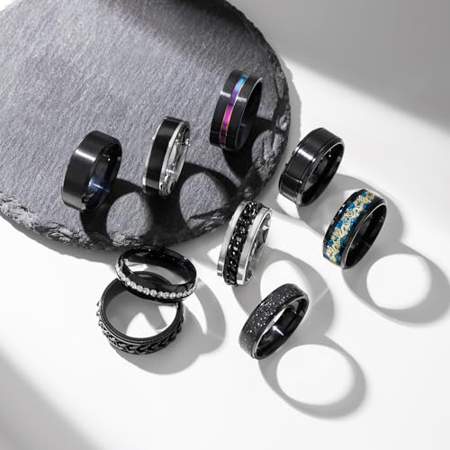 EIELO 9Pcs Stainless Steel Band Rings for Men Women Cool Fidget Spinning Chain Ring Anxiety Relief Fashion Simple Wedding Engagement Black Ring Set3