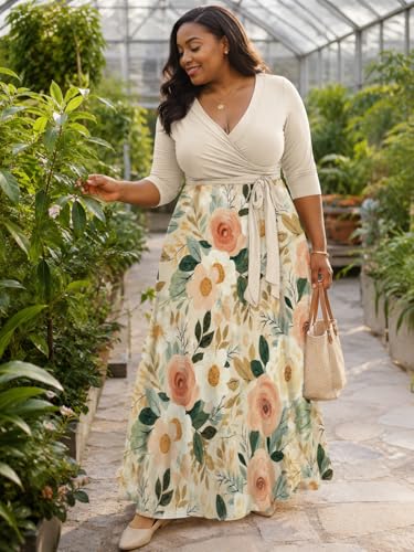 Image of PinkPatty Plus Size Maxi Dress for Women Casual V Neck 3 /4 Sleeve Boho Printed Long Dress with Pockets