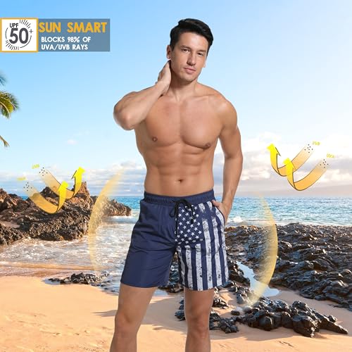 Image of Men's Swim Trunks with Compresssion Liner 7 inch Swimwear Board Shorts 2-in-1 Bathing Suits with Zipper Pockets
