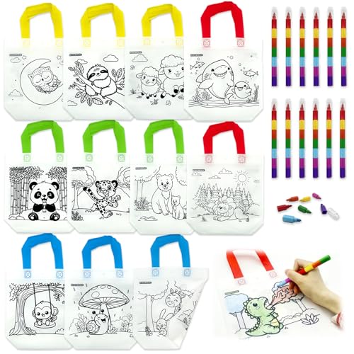 HahaMagic 12 Sac Cadeau à Colorier avec 12 Pastels (7-en-1), Sachet Anniversaire Enfant, Activités créatives et Pochette Surprise Enfant