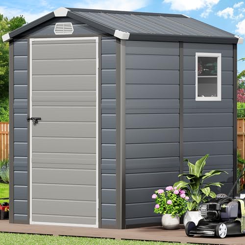 YITAHOME 4.4x6FT Resin Storage Unit sans Flooring, All-Weather Plastic Shed with Window, Vents and Secured Doors, Outdoor Plastic Tool Cabin for Poolside, Lawn, Backyard, Patio, Dark Gray Da