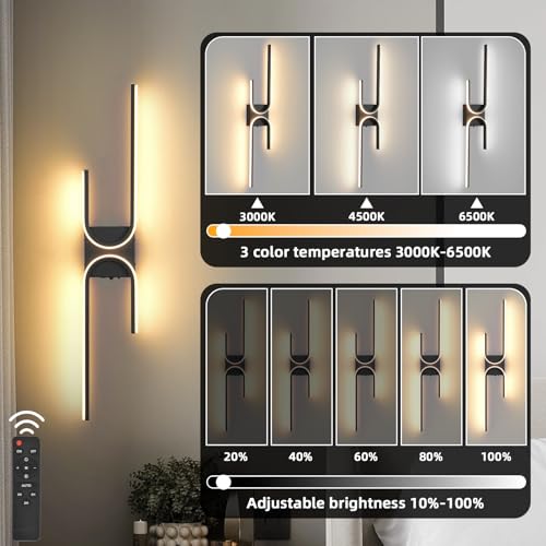 Image of Battery Operated Wall Sconce with Remote Control, USB Rechargeable Wireless Wall Sconce Set of 2, LED Dimmable Wall lamp, 3 Color /Timer /Memory, Black Wall lights for Bedroom Living Room, 31.5 inch