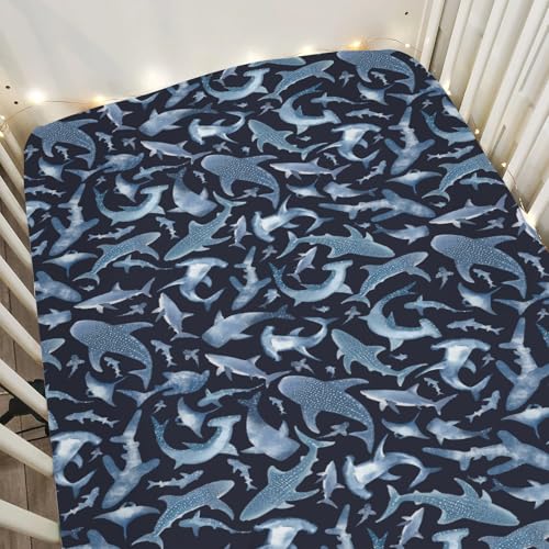 Image of Blue Sharks Baby Crib Sheets for Boy Girl 52"x28" Sea Ocean Animal Soft Stretchy Fitted Crib Mattress Covers Nautical Shark Nursery Baby Sheet for Standard Crib and Toddler Bed Mattress