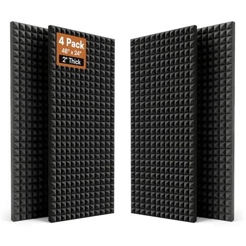 Image of SODOCT 4 Pack Large Pyramid Acoustic Foam Panels, 48 x 24 x 2 Inches High Density Sound Proof Foam for Walls, Professional Sound Absorbing Studio Panels for Home Theater, Recording (Black)