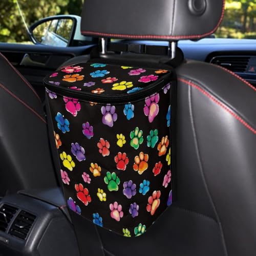 Image of Rainbow Dog Paw Print Car Trash Can Automotive Car Trash Bag with Lid Collapsible Waterproof Car Organizers and Storage Car Accessories for Women