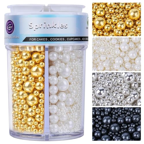 Praticità 4-in-1: Contiene perline di zucchero bianco in misure da 2mm, 4mm, 7mm e 10mm. Avrete così a portata di mano la misura perfetta per ogni progetto. Coperchi ermetici proteggono dall'umidità, la parete trasparente della bottiglia mostra chiaramente il contenuto