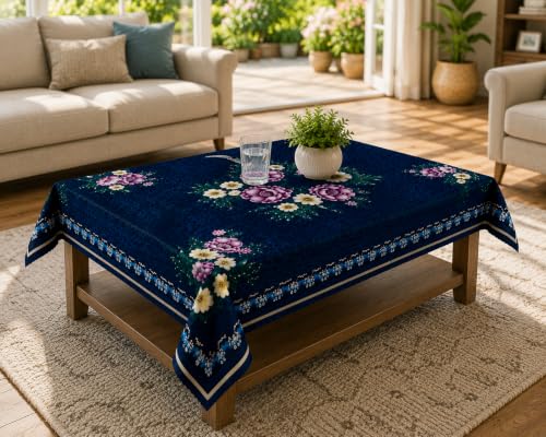 Image of Floral Dining Table Cover for 4 Seater | 58 x 38 Inch Rectangle Polyester Table Cloth | Washable Fabric Table Cover for Dining Table | Dust & Scratch Protection | Blue Saffron