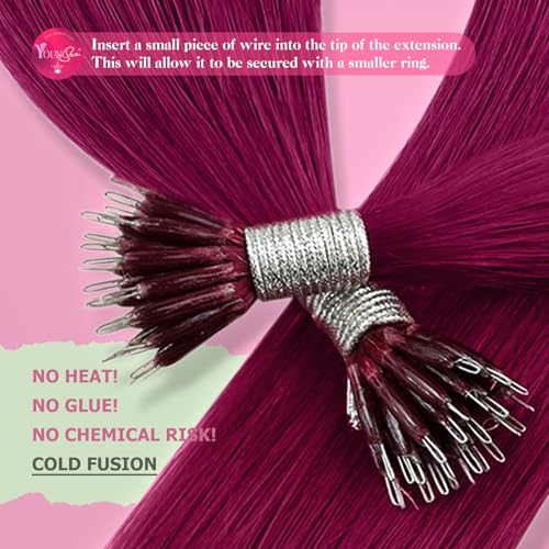 Image of YoungSee Nano Tip Hair Extensions Magenta Nano Bead Hair Extensions Human Hair 24 inch Nano-Link Hair Extension Long Hair Burgundy Colored for Photo Shoots 25 Strands 25g