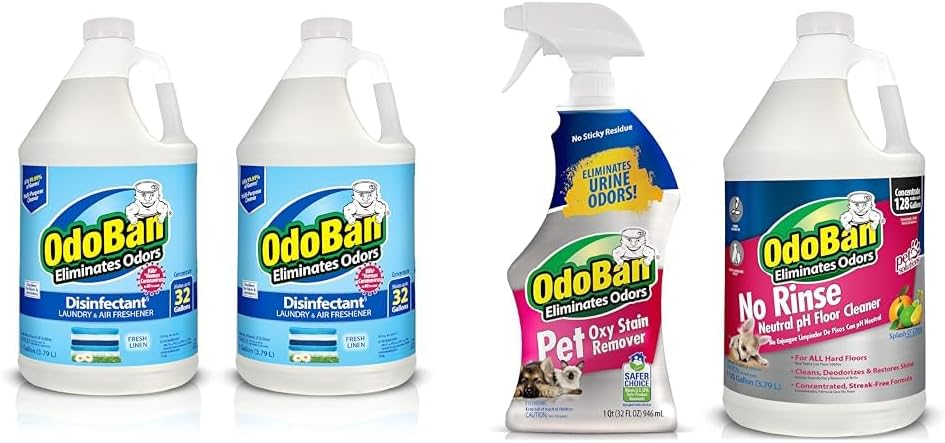 OdoBan Disinfectant Concentrate and Odor Eliminator, 2 Gallons, Fresh Linen Scent & Pet Solutions Neutral pH Floor Cleaner Concentrate, 1 Gallon, and Oxy Stain Remover, 32 Ounce Spray