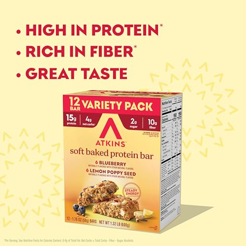 Image of Atkins Soft Baked High Protein Bars, Lemon Poppyseed & Blueberry Flavors, 15g Protein, 4g Net Carbs, 2g Sugar, Keto Snacks, Low Sugar Protein Bars, High Fiber Snacks, 12 pk (6 bars each flavor)