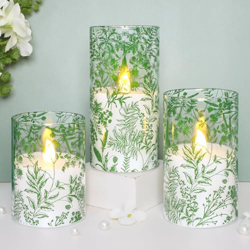 Image of Green Plants Flameless Candles with Remote Timer, Plant Theme LED Glass Candles, Battery Operated Candles for Home Party Wedding Christmas Botanical Summer Decor, Set of 3