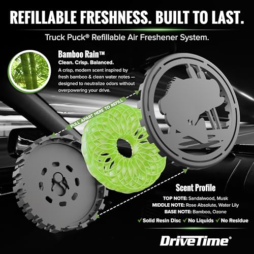 Image of Drive Time Truck Puck Bamboo Rain Fragrancee Car Air Freshener - Long-Lasting Car Deodorizer, Refillable Vent & Visor Clip Auto Air Freshener for Car, Truck & SUV, Premium Fragrance, Pack of 3