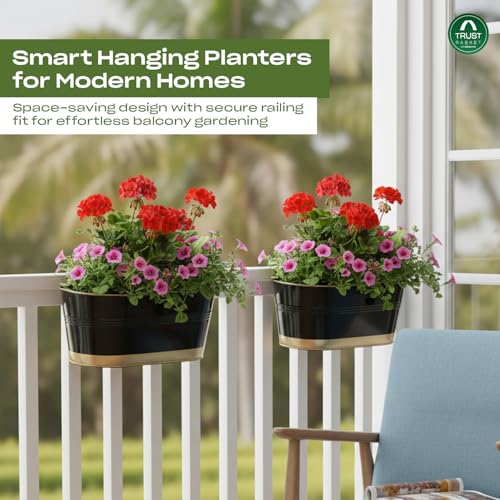 Image of TrustBasket 12 inches, Set of 6 Railing Planter - Premium UV Resistant, Anti-Rust Hanging Pots for Plants | Stylish Hanging Planters for Balcony | Indoor & Outdoor Pots for Balcony Decoration (Black)