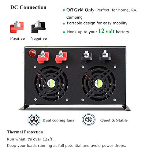 Reliable 5000W Continuous Power Heavy Duty Pure Sine Wave Power Inverter DC 12V to AC 110V 120V with 4 AC Outlets 41Amps Hardwire Terminal and LED Display for RV Car Solar System Emergency