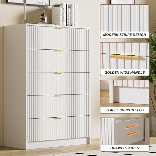 Image of Furniway White Dresser for Bedroom, Modern Dresser with 5 Drawers and Smooth Slides, Wide Chest of Drawers with Golden Handles for Bedroom, Living Room, Closet, 15.7 inch D x 31.5 inch W x 47.2 inch H