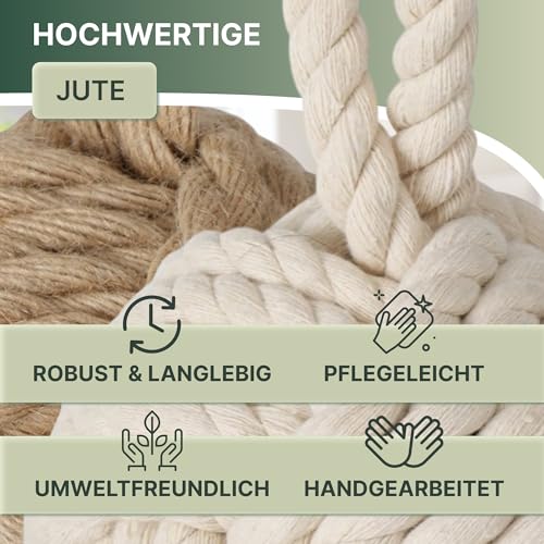TOPANBIETER 999 2er Set Deko Türstopper Jute natur und cremweiß Türhalter Fensterpuffer Bodenstopper Tür Stopper Knoten Natur Strick Kugel mit Schlaufe ca. 1,5 kg