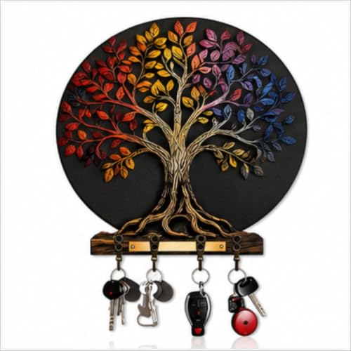 Image of Tree of Life Wooden Key Holder for Wall | Multicolor Decorative Key Rack with 6 Hooks | Stylish MDF Key Organizer for Home Entrance, Living Room, Office & Housewarming Gift