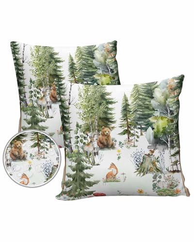 Forest Outdoor Pillow Cover 24x24 Inch Cushion Sham Case,Waterproof Decorative Square Throw Pillowcase for Outside Garden Patio Porch Couch Chair Tent Bear Fox Bunny Dear Eucalyptus Flower Watercolor