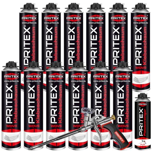 PRITEX - WDVS Klebeschaum Mega Set 12 x 750 ml inkl. Schaumpistole und Reiniger zum Isolieren Fixieren & Befestigen /// Bauschaum Dämmstoffkleber mit sehr guter Haftung