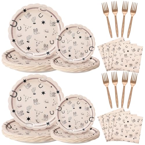 AmazingSpark 122 Pcs Cowboy Paper Plates and Napkins Forks Western Birthday Supplies First Rodeo Bachelorette Party Plates Cowboy Ranch Tableware Set for Kids Boys Baby Shower Decorations Serve 24
