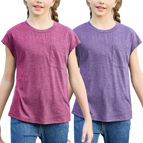 Image of GORLYA 2 Pack Girls Cap Sleeve Summer T-Shirt Multipacks Casual Loose Basic Tee Tops with Pocket 6-14Y