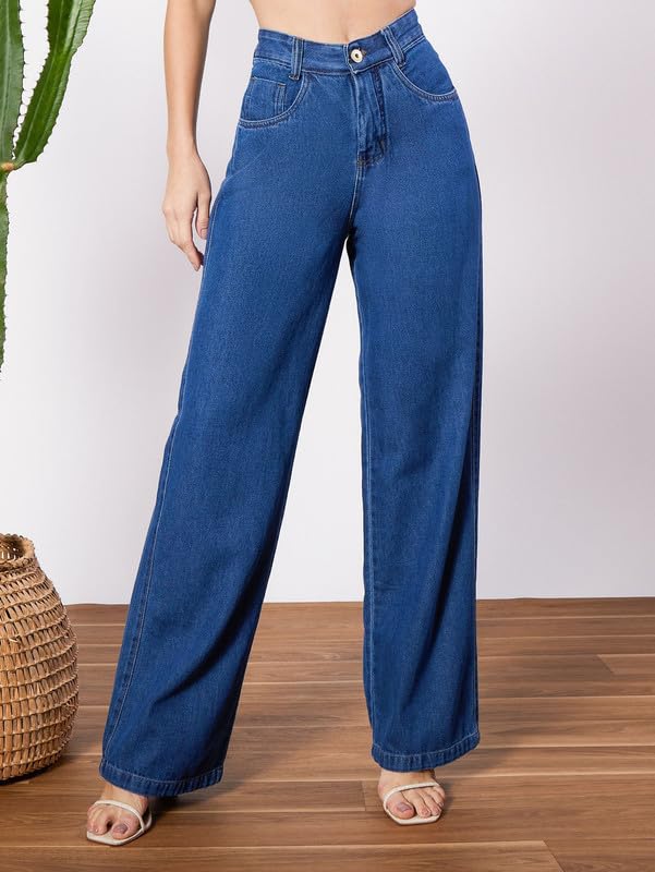 Image of DEELMO Women's High Waist Wide Leg Denim Jeans for Women | Straight Fit Full Length Casual Wear Pants
