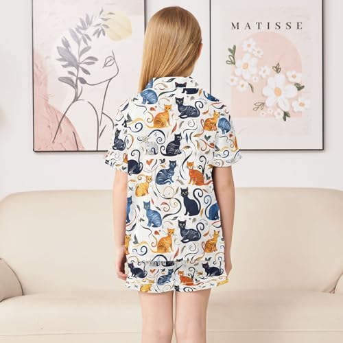 ALAZA Cat Kitten White Floral Pajamas Satin Pajama Set Short Sleeve Button Down Sleepwear4