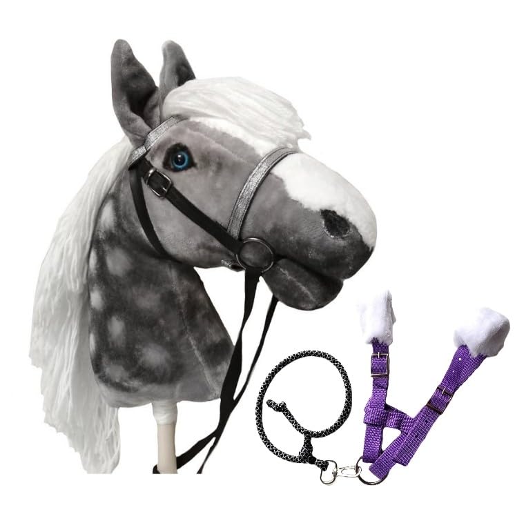 Windy Mane Set Steckenpferd Apfelschimmel A3 + Abnehmbare Trense & Violett Halfter | Großes Steckenpferde | Steckenpferde Stockpferd mit Lange Mähne & Zubehör