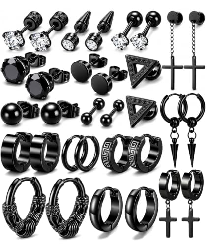 16 Pairs Men Earrings Set -Stainless Steel Cross Dangle Hoop & Ear Stud Fashion Piercing Jewelry for...