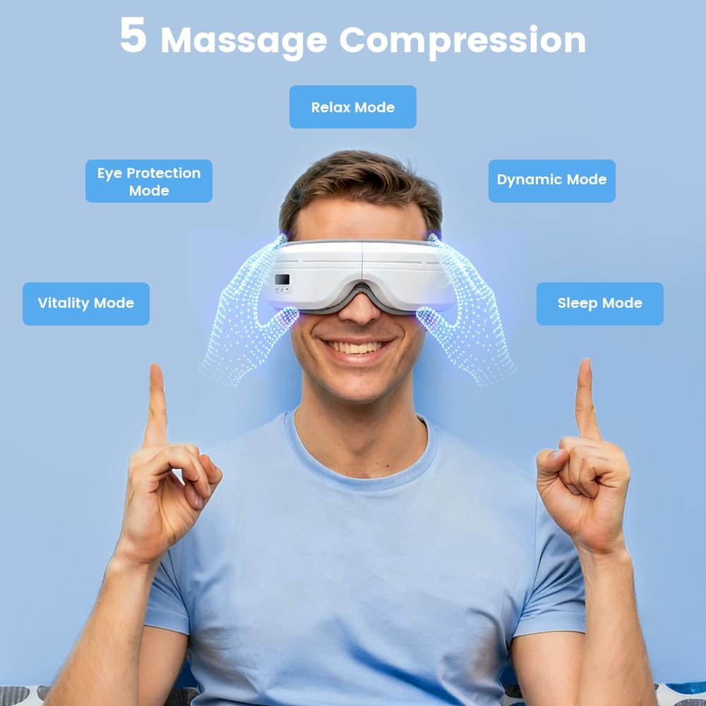 Masajeador de ojos con calor, máscara de masaje plegable con cinco modos de masaje, máscara de dormir recargable con música Bluetooth para ojos secos, relajarse, reducir la tensión, color