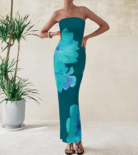 Image of PRETTYGARDEN Women Summer Strapless Maxi Dress Bodycon Floral Sexy Long Wedding Guest Dress Formal Tube Mesh Cocktail Dresses