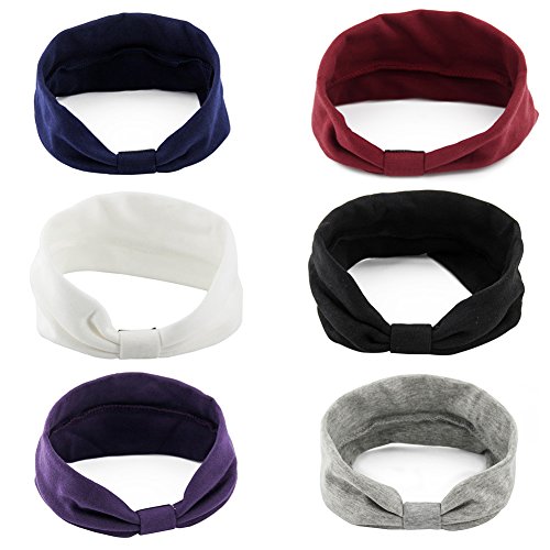 Yeshan Elastic Cotton Headbands for Women and Girl Bandana/Turban/Headwrap Twist Bow Hairband for Workout Sport Yoga and Party,pack of 6