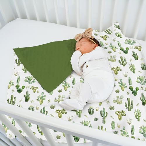 Image of Watercolor Green Cactus Baby Blankets for Girl Boy with Dotted Backing Double Layer Boho Cactus Leaves Soft Swaddle Receiving Blanket Wild Desert Plants Newborn Toddler Nursery Bed Throw 30x40