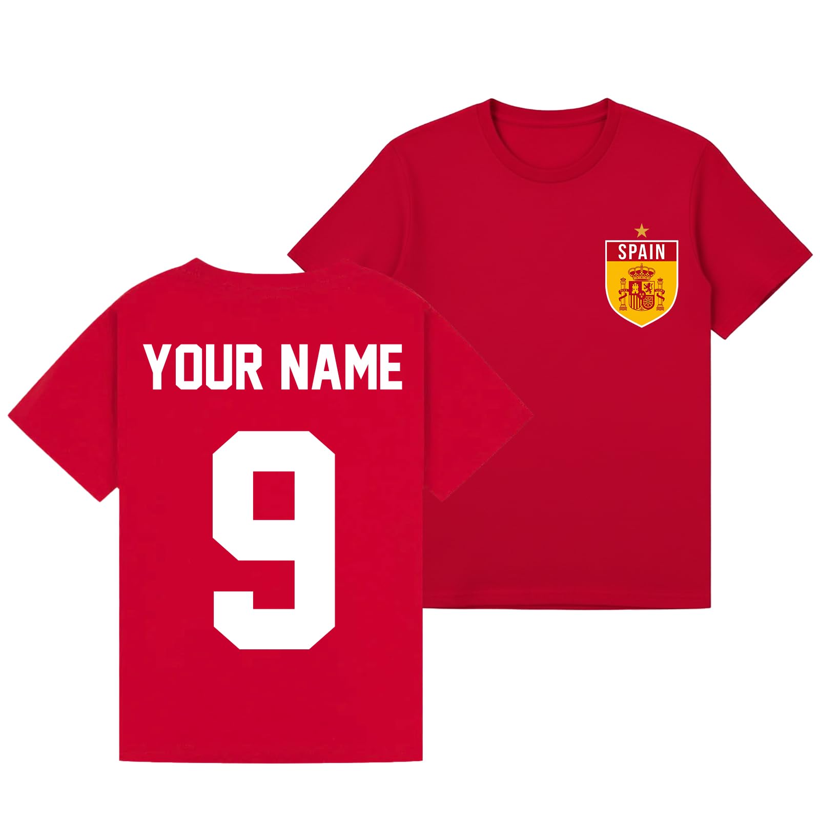 Belarte Personalised Spain Spanish Sports Football Boys Kids Graphic Tee Travel Novelty Retro Customised Number Fan Heritage Culture European Apparel Red 5-6Y