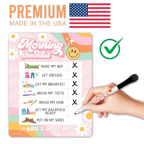Image of Magnetic Morning & Bedtime Routine Chart for Kids - Customizable Toddler Daily Schedule Board with Dry Erase Surface, Stickers & Marker, Build Habits with Visual Checklists, Retro Theme