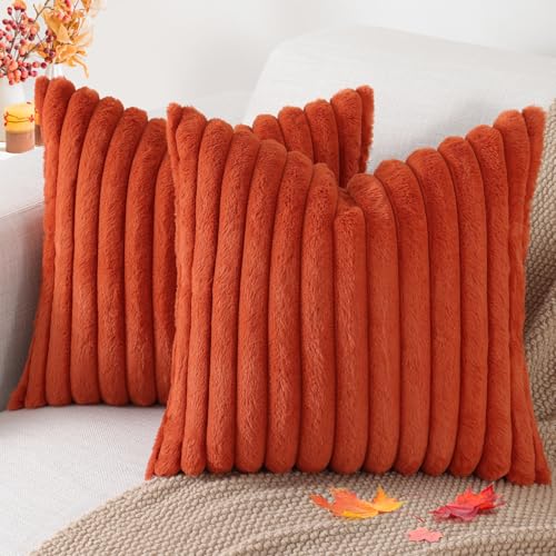 Pallene Faux Fur Plush Fall Throw Pillow Covers 20x20 Set of 2, Luxury Soft Fluffy Striped Decorative Pillow Covers for Sofa, Couch, Living Room, Rust