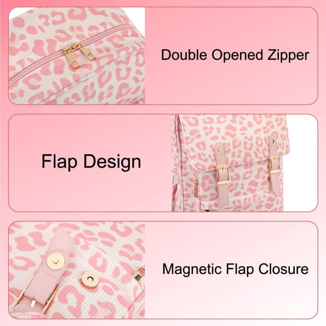 Image of Women Laptop Backpack, Corduroy 15.6 inch Travel Backpack for Work College Business, Teacher Nurse Bag with Large Capacity School Bookbag Bags for Girls - Leopard Pink