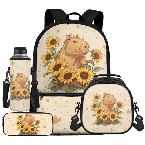 Capybara Backpack for School Girls Ages 6-8 with Lunch Box Kawaii Bookbag and Lunch Bag Pencil Case Water Bottle Holder Pencil Case Elementary Student School Bag Lunchbox Set, Sunflower