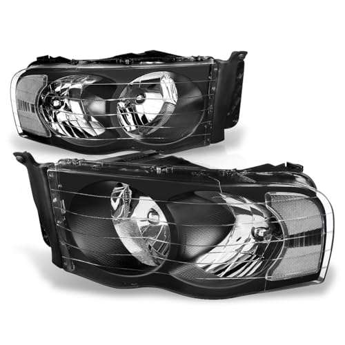 Auto Dynasty Headlights Assembly Compatible with 2002 2003 2004 2005 Dodge Ram 1500 2500 3500, Driver and Passenger Side Halogen Headlamps Replacement, Black Housing Clear Corner